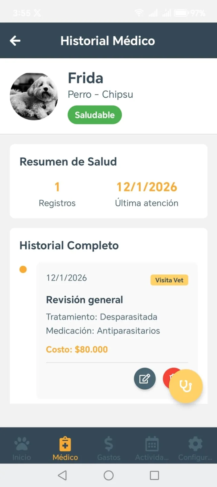 Historial médico en Pet Life Seven