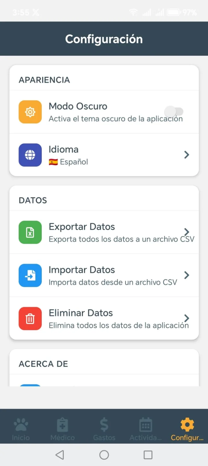 Configuración: idioma, modo oscuro y exportación de datos