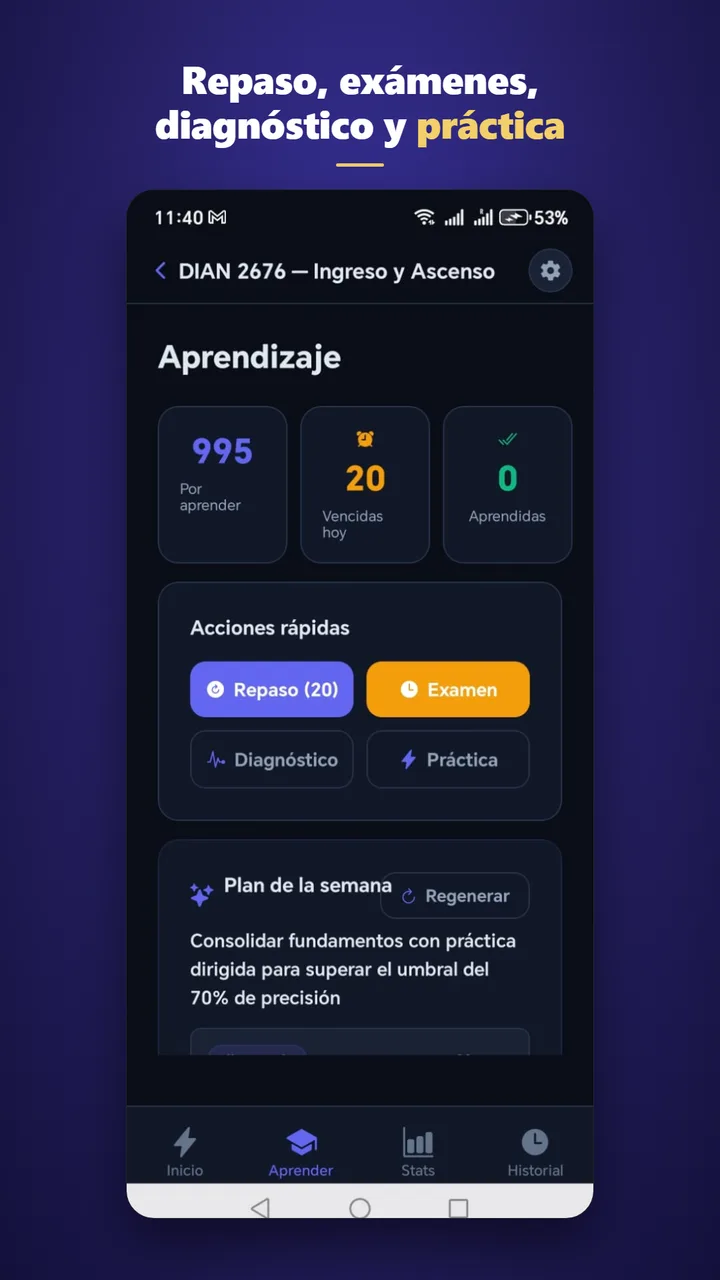 Panel de aprendizaje: repaso, examen, diagnóstico y práctica