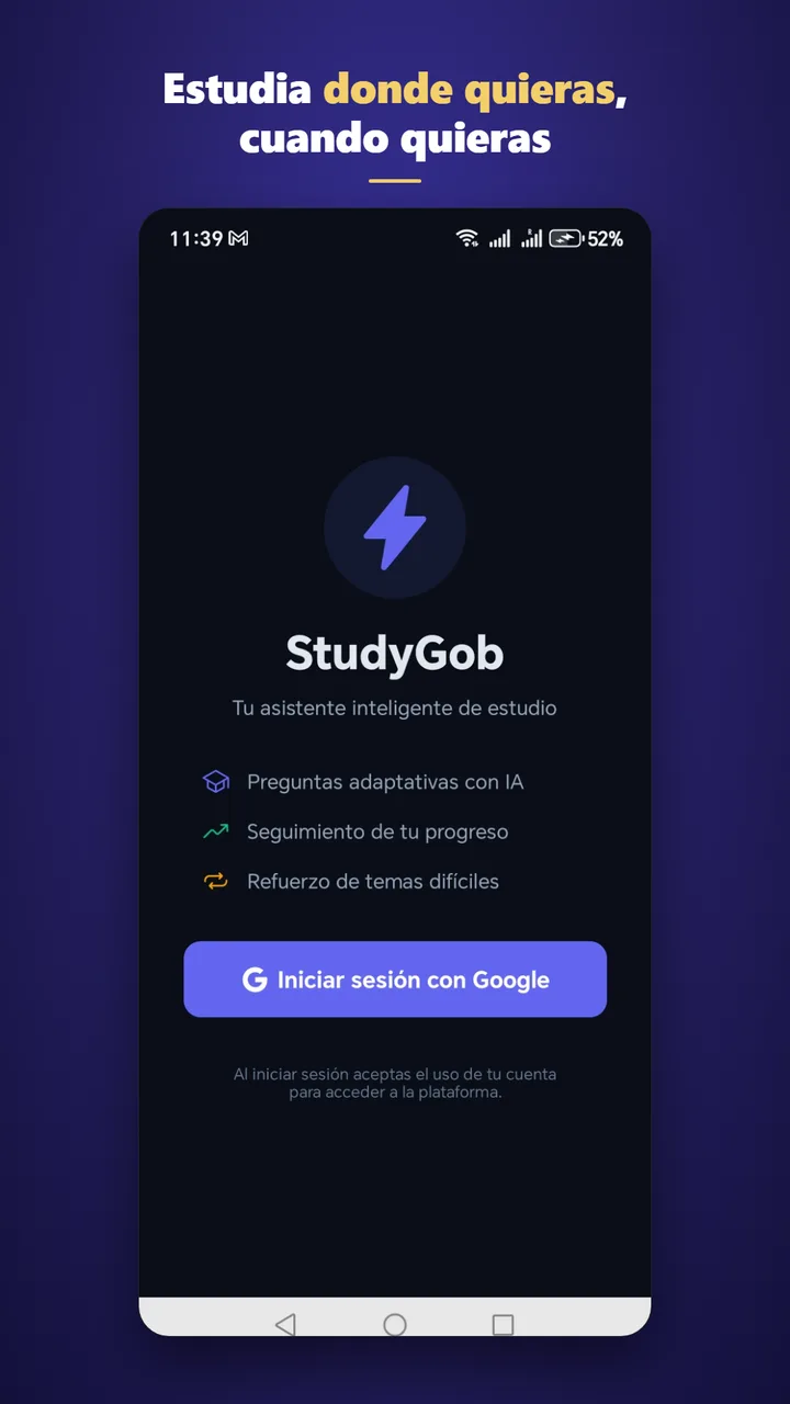 Pantalla de bienvenida con inicio de sesión de Google
